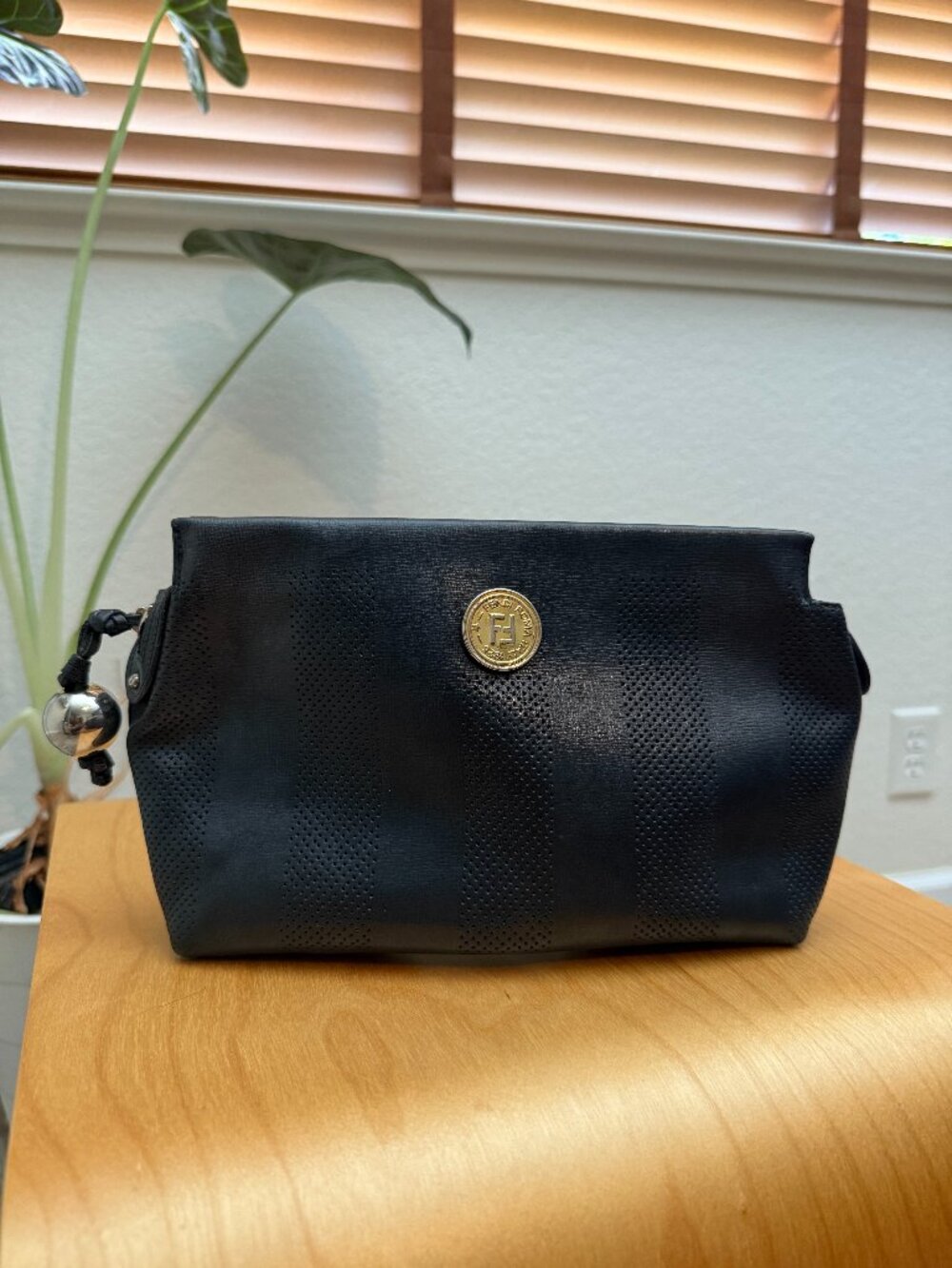 Vintage Fendi Clutch Navy Leather Perforated Gold